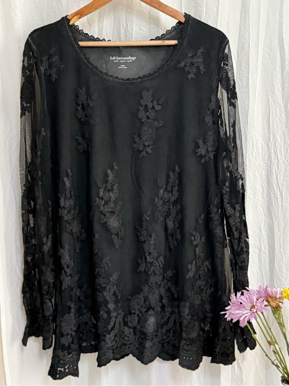 NWT Soft Surroundings Black Lace Tunic L Sheer Bell Sleeve Whimsigoth Holiday